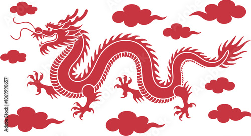 cloud and dragon, Lunar New Year themed paper graphic for cover, card, poster, banner. Chinese zodiac Dragon symbol. Hieroglyphics mean Happy New Year and symbol of of the Dragon