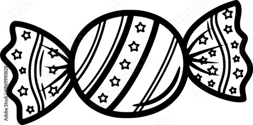 Candy Wrapper Drawing – Black and White Vector Illustration, Wrapped Candy, Sweet Treat, Confectionery, Dessert, Outline Sketch, Line Art, Editable Vector Design.