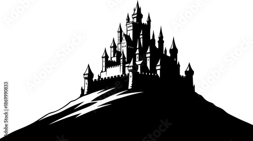 Castle Silhouette – Black and White Vector Illustration, Fantasy Fortress on a Hill, Dark Castle, Medieval Architecture, Fairy Tale, Clipart, Editable Vector Design.