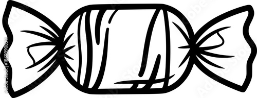 Candy Wrapper Drawing – Black and White Vector Illustration, Wrapped Candy, Sweet Treat, Confectionery, Dessert, Outline Sketch, Line Art, Editable Vector Design.