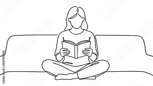 A woman relaxing on a couch, engrossed in a good book, drawn in a continuous line art style