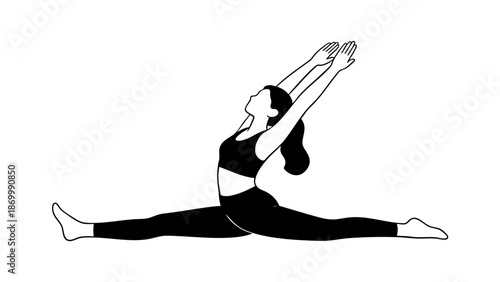 Woman performing an elegant yoga split with arms extended overhead in a backbend