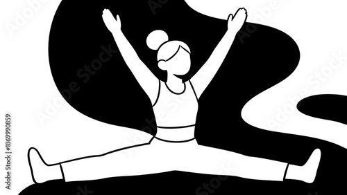 Woman performing a wide-legged stretch with arms raised in a minimalist art style