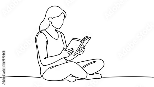 A young woman sitting cross-legged and deeply engrossed in reading a book, continuous line art drawing
