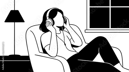 A person relaxing comfortably on a sofa, enjoying music through headphones in a calm indoor setting