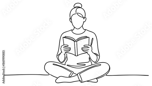Person sits cross-legged reading open book one line drawing