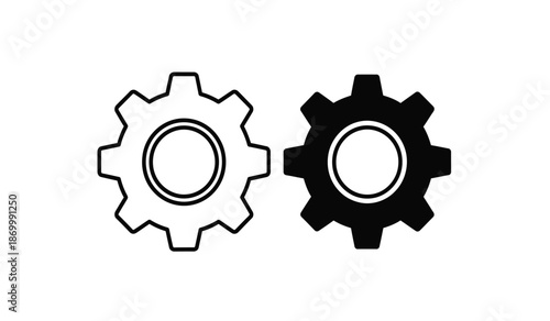 Two gear icons one black and one white on a pure for design