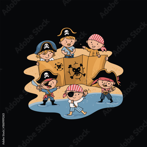 Cute Cartoon Children Pirates Searching Treasure Map on Beach with Skull and Crossbones Symbols, Playful Childhood Adventure