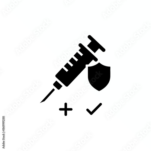 Injection Symbol: An iconic black silhouette of a syringe, positioned with a shield, a plus sign, and a check mark, representing healthcare, immunization, protection.