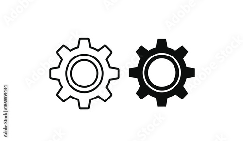 Two gear icons in black and white on a pure for design and engineering concepts