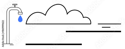 Water conservation concept. A minimalist design of a faucet with a single blue water drop and a cloud symbol. Water conservation encourages sustainable usage and resource management. Ideal
