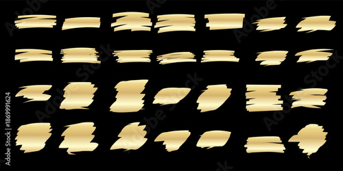 Gold Paint Brush Stroke Icon Bundle. Golden Vintage Decorative Element. Hand Drawn Ink Imperfect Symbol Set. Art Deco Style Element Collection