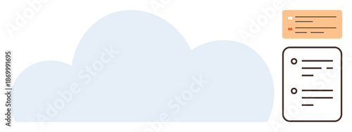 Cloud storage, online collaboration, data sharing, information management, digital workflow, remote access. Large cloud with documents and data icons. Cloud storage and data sharing concept