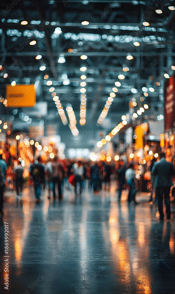 Obraz premium Blur, defocused background of public exhibition hall. Business tradeshow, job fair, or stock market. Organization or company event, commercial trading, or shopping mall marketing advertisement concept