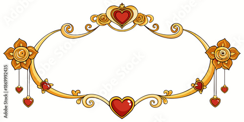 Ornate golden frame with hearts and floral scrolls, vector