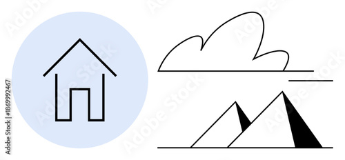 Architecture, travel, simplicity, minimalism, geometry, nature. A minimalist design with a house icon, cloud and pyramids. Architecture and travel icons create a nature-inspired theme