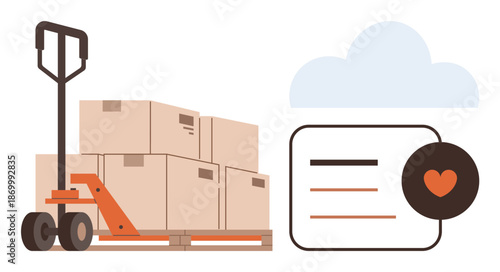 Ecommerce, shipping, logistics, inventory management, order fulfillment, cloud storage. Cart with boxes and cloud shipping icon. Ecommerce and shipping solutions