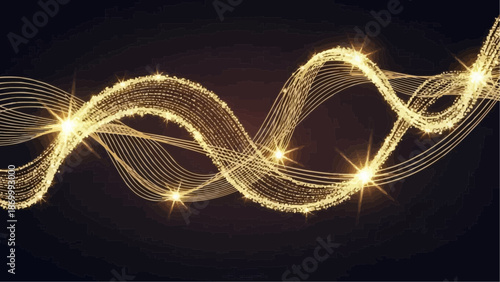 a dynamic golden light stream with sparkling particles gracefully flowing against a dark mysterious background creating an elegant visual