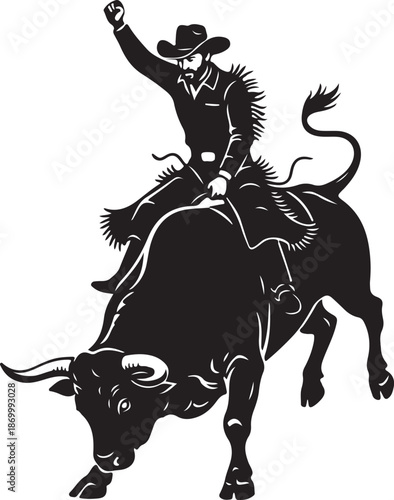 A dynamic illustration of a cowboy skillfully riding a bucking bull in a rodeo