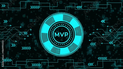 Futuristic digital HUD interface with MVP writing on dark background. Abstract high-tech circuit background with bright cyan data elements. Motion graphic with arrows and technological circuit pattern