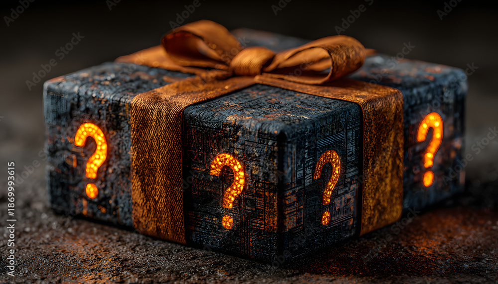 Obraz premium Dark gift box tied with orange ribbon features glowing question marks on sides. Abstract patterns adorn surface, suggesting mystery prize or unknown content. Use for promotions, surprises, or gaming.