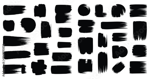 Grunge paintbrush shapes and textures, Abstract black brush strokes and paint splatters, Grungestyle brush strokes in different shapes and sizes
