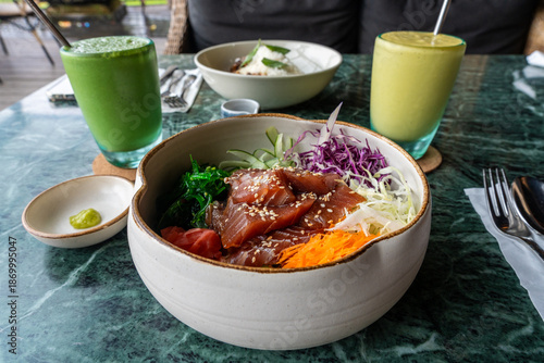 Healthy lunch with international cuisine on a marble table