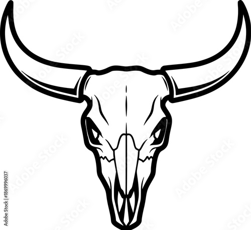 Bull Horn Drawing – Black and White Vector Illustration, Bull Horns, Skull Accessory, Wildlife, Farm Animal, Outline Sketch, Line Art, Editable Vector Design.