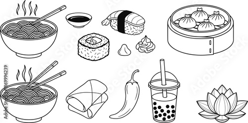 Asian food and drink sushi noodles dumplings boba tea