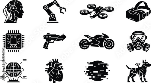 Futuristic Technology Silhouette Vector Icon Set, AI, robotics, drone, VR headset and cyberpunk design