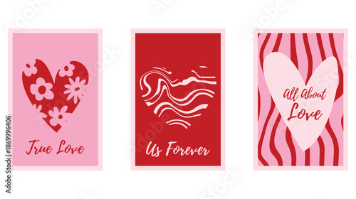 Minimal Valentines day Posters Set with Hand drawn Heart shapes. Romantic Love Phrase, Trendy Playful style. Love symbol with various abstract patterns. Vector illustration