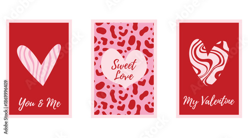 Minimal Valentines day Posters Set with Hand drawn Heart shapes. Romantic Love Phrase, Trendy Playful style. Love symbol with various abstract patterns. Vector illustration