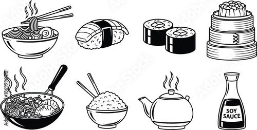 Black and white Asian food sushi noodles rice soy sauce