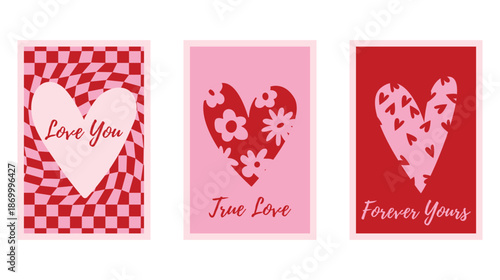 Minimal Valentines day Posters Set with Hand drawn Heart shapes. Romantic Love Phrase, Trendy Playful style. Love symbol with various abstract patterns. Vector illustration
