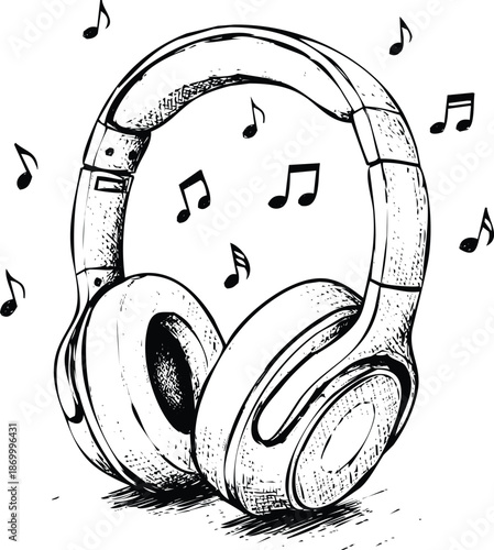 Headphones surrounded by musical notes Vector