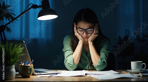 Woman feeling exhausted and overwhelmed while working late at her desk at night