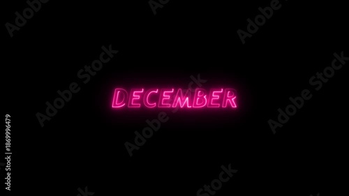 Vibrant Pink Neon Sign Spelling Out the Month of December Glowing Brightly on a Pitch Black Background with a Soft Aura Keywords: December, month, calendar, time, season, winter