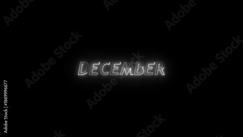 Bright White Neon Sign Spelling the Word December with a Subtle Glow Against a Deep Black Background Canvas Keywords: December, month, calendar, time, season, winter, holidays, Christmas