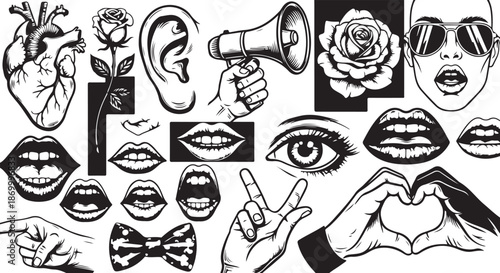 Black and white body parts lips hands heart