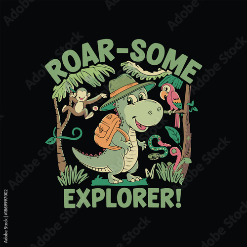 Cute Dinosaur Explorer in Jungle with Monkey and Parrot, Cartoon Vector Illustration