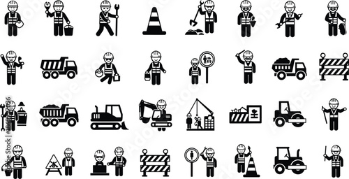 Black and white construction set with workers and vehicles industrial