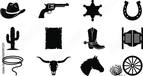 Wild West Cowboy Silhouette Vector Icon Set, sheriff, revolver, lasso, horse and rodeo western design
