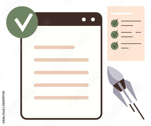 Project planning, productivity tools, task prioritization, workflow management, goal tracking, business growth. A browser window with a checklist and a rocket illustration. Productivity tools