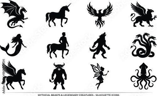 Mythical Creatures Silhouette Vector Icon Set, dragon, unicorn, phoenix, mermaid and fantasy monster design