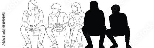 Black and white line of people sitting in a row silhouettes