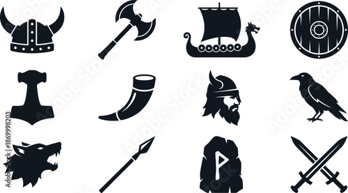 Viking Warrior Symbols Silhouette Vector Icon Set, helmet, axe, longship, shield and Norse mythology design