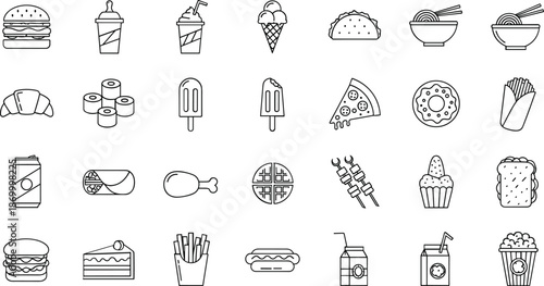 Black and white line of various fast food and restaurant menu offerings line food burger