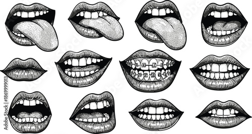Black and white of various mouths and lips with teeth and tongues