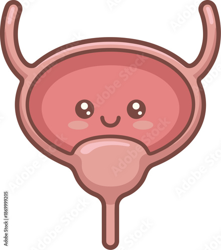 Cute cartoon bladder illustration with smiling face representing urinary system health and function happy organ character for medical education anatomical healthcare awareness in children's book and e