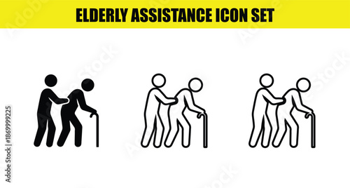Collection of three simple icon sets illustrating caregiver assistance for an elderly person using a walking stick